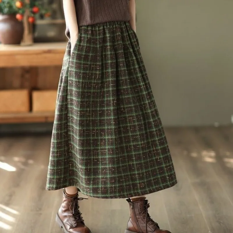 

Юбки женские винтажные, уютные, осенне-зимние, в стиле ретро, простые, модные, в клетку, с высокой талией, удобные, в стиле Харадзюку, повседневные, свободного кроя