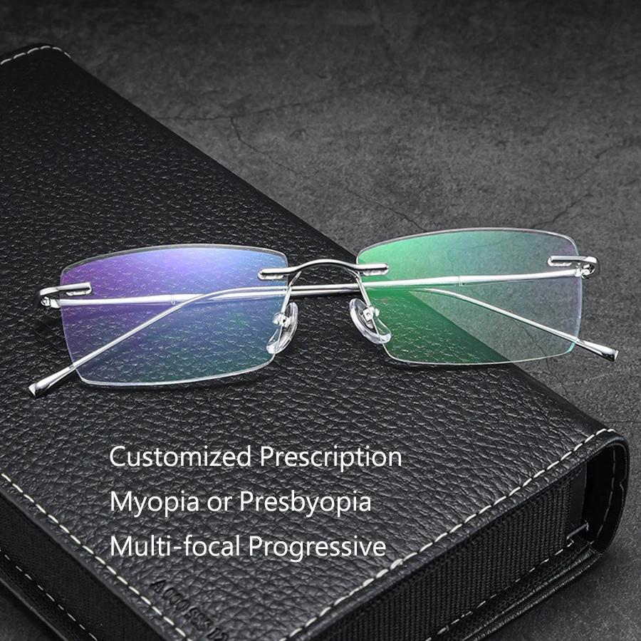 

Customized Prescription Glasses Men Titanium Frame Rimless Photochromic Anti-Blue Light Myopia Hyperopia Lenses 632