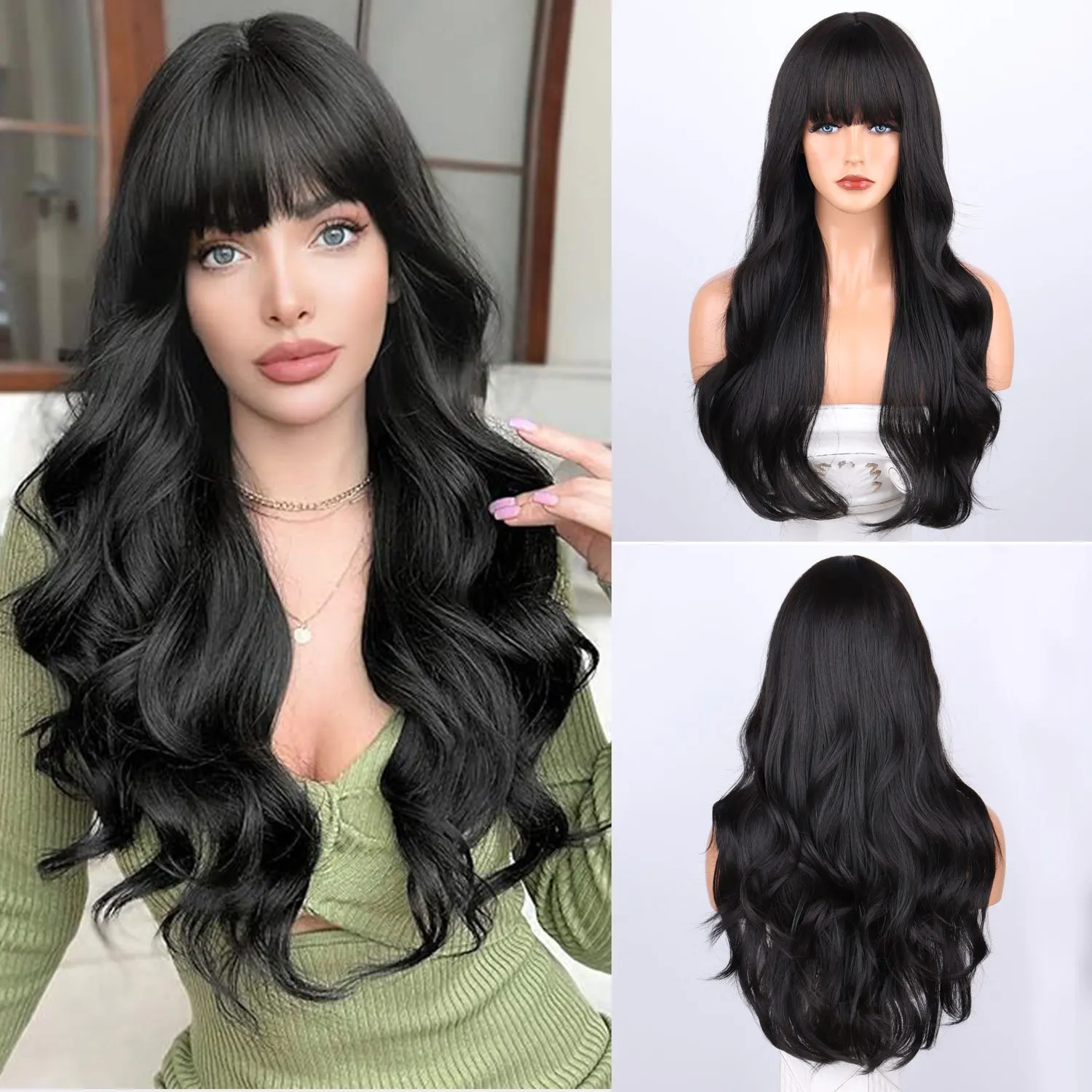 

European and American Qi bangs long curly hair big wave temperament chemical fiber full head cover