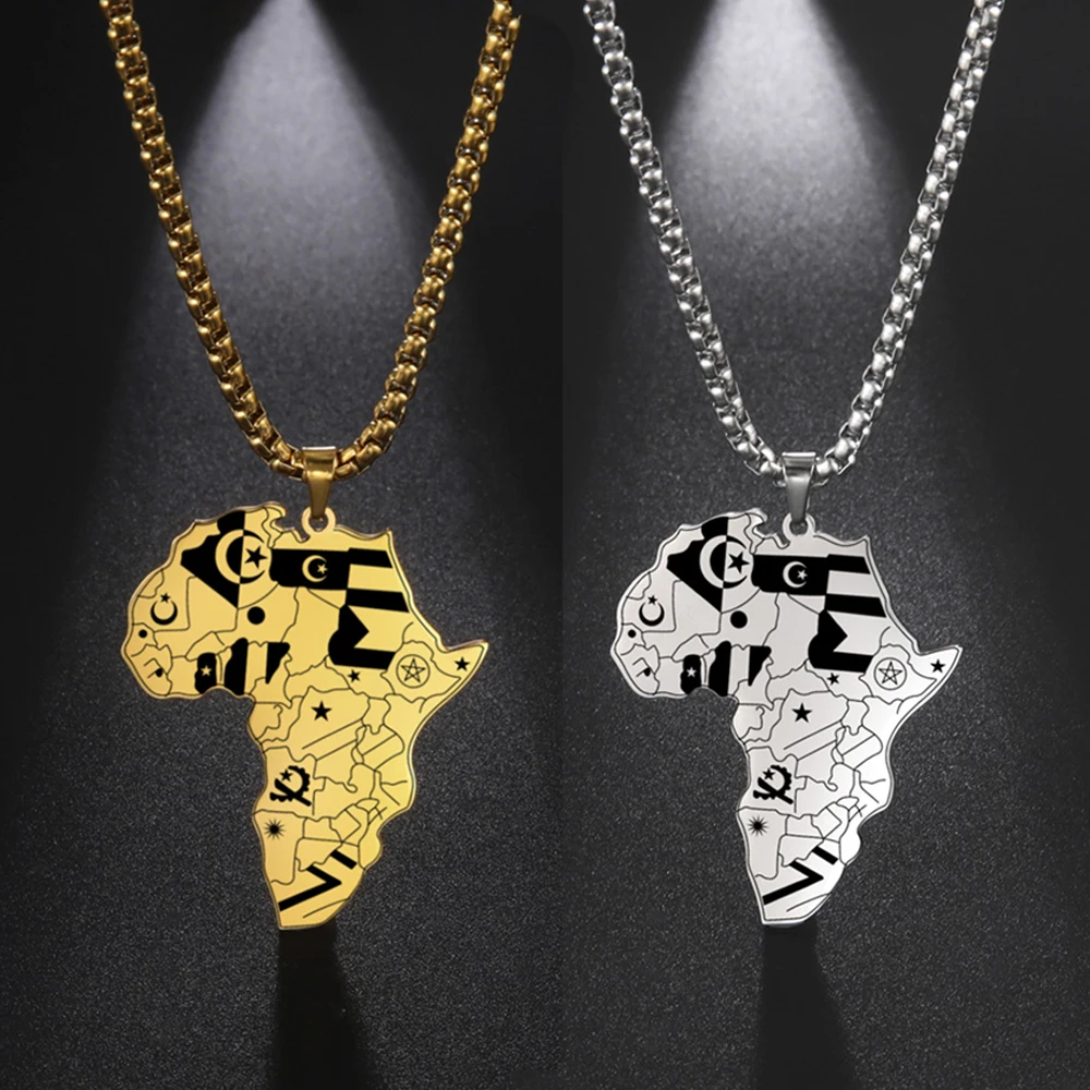 My Shape Africa Map Pendants Necklaces Africa Countries Flags Necklace Box Chain for Men Stainless Steel Male Jewelry Women Gift