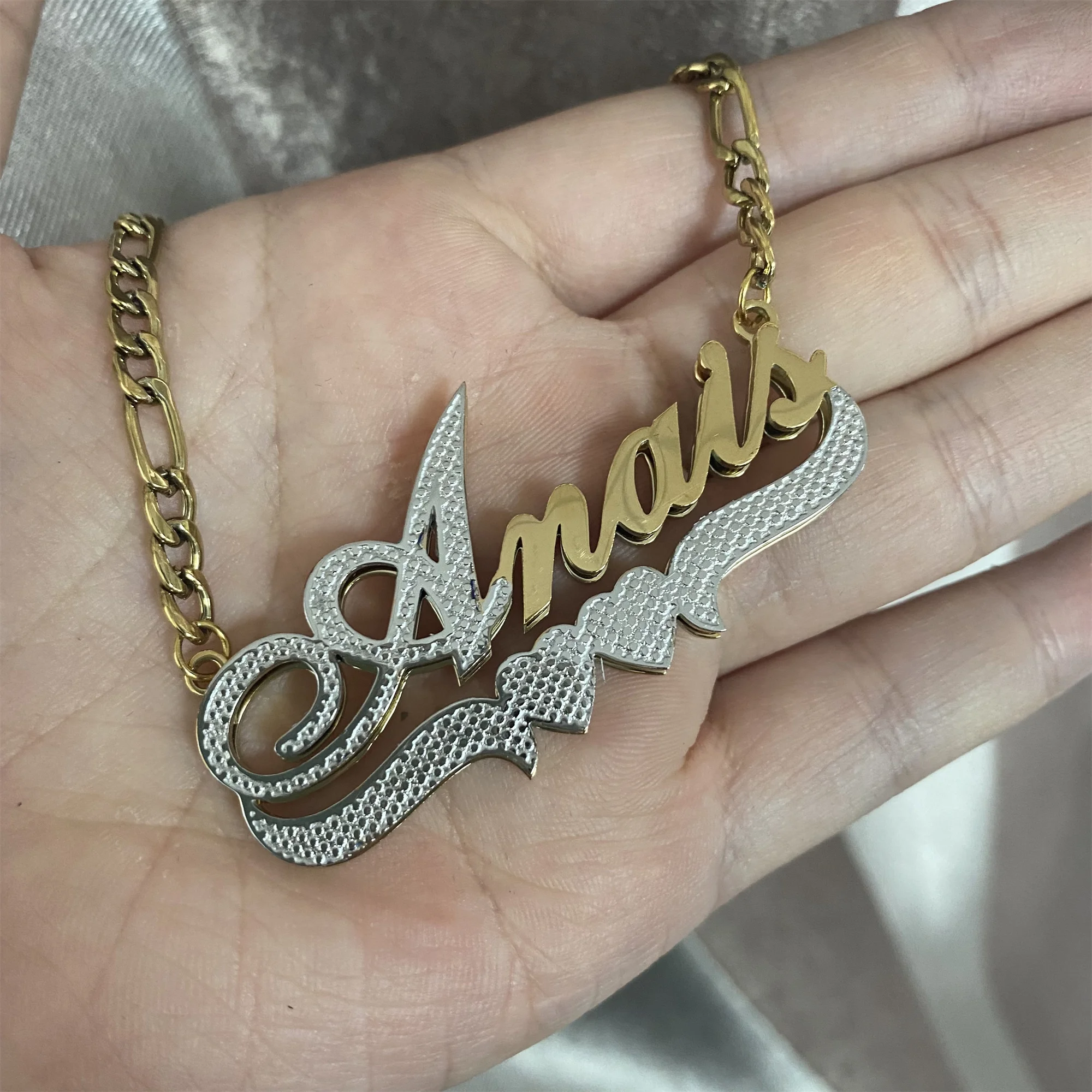 Custom Name Necklace Two Tone Double Plate Diamond Cut 3D Nameplate Pendant Stainless Steel Personalized Gift For Women