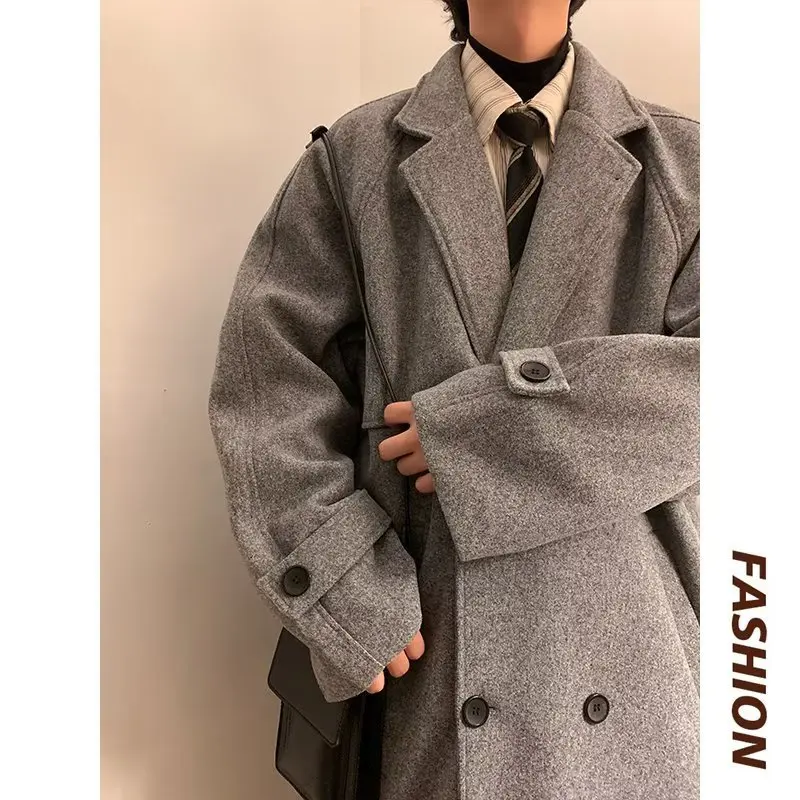 OIMG New Autumn Winter Double Breasted woolen coat medium to long men's woolen windbreaker loose long coat