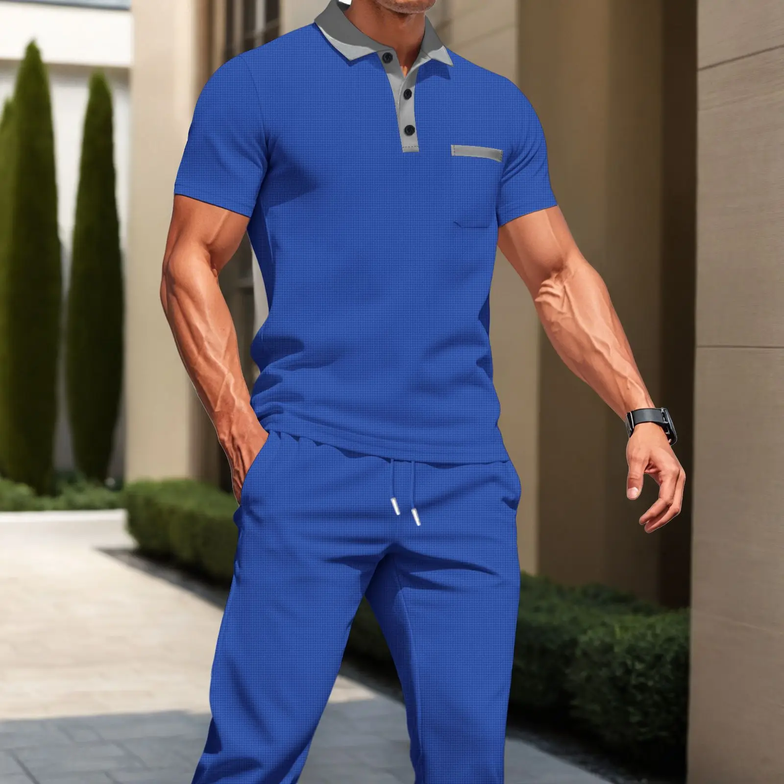 Summer New Men's Waffle Lapel Color Matching Pocket Buttons Short-sleeved Trousers Set