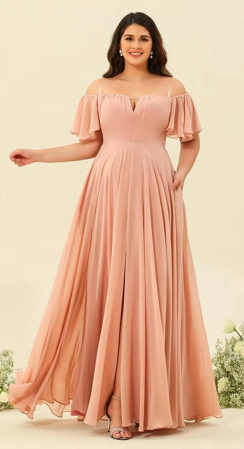 Uit de schouder chiffon bruidsmeisjesjurk Split A-lijn plooien bruidsmeisjesjurk lang voor dames met zakken Avondjurken