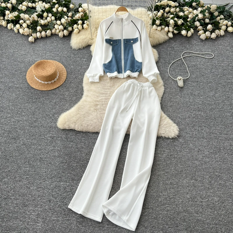 

Two Piece Pant Sets Women Denim Spliced Coats Casual Zipper Stand Collar Cardigan Wide Leg Pants Office Lady Autumn 2025