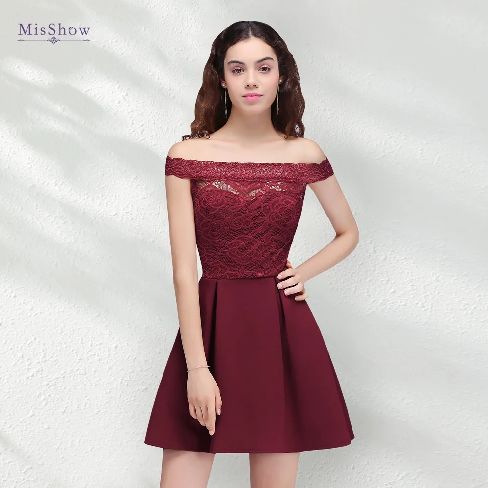 

Short Lace Burgundy Prom Dresses Women 2022 Sexy Off The Shoulder Appliques Elegant Knee-Length Graduation Evening Party Gowns