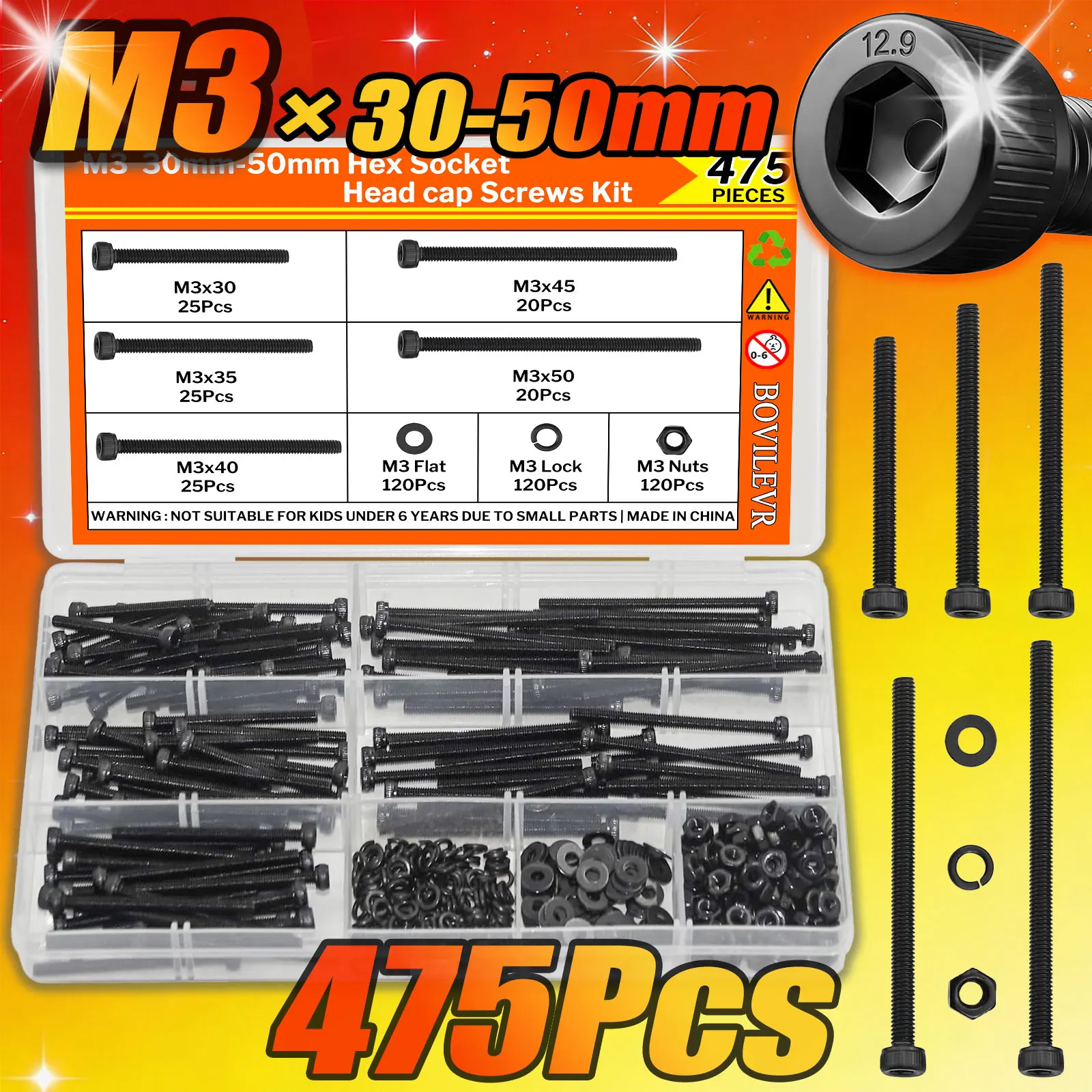 475-teiliges Innensechskantschrauben-Set der Güteklasse 12,9, M3 Vollgewindeschrauben 30–50 mm, metrische Befestigungselemente aus legiertem Stahl mit Muttern