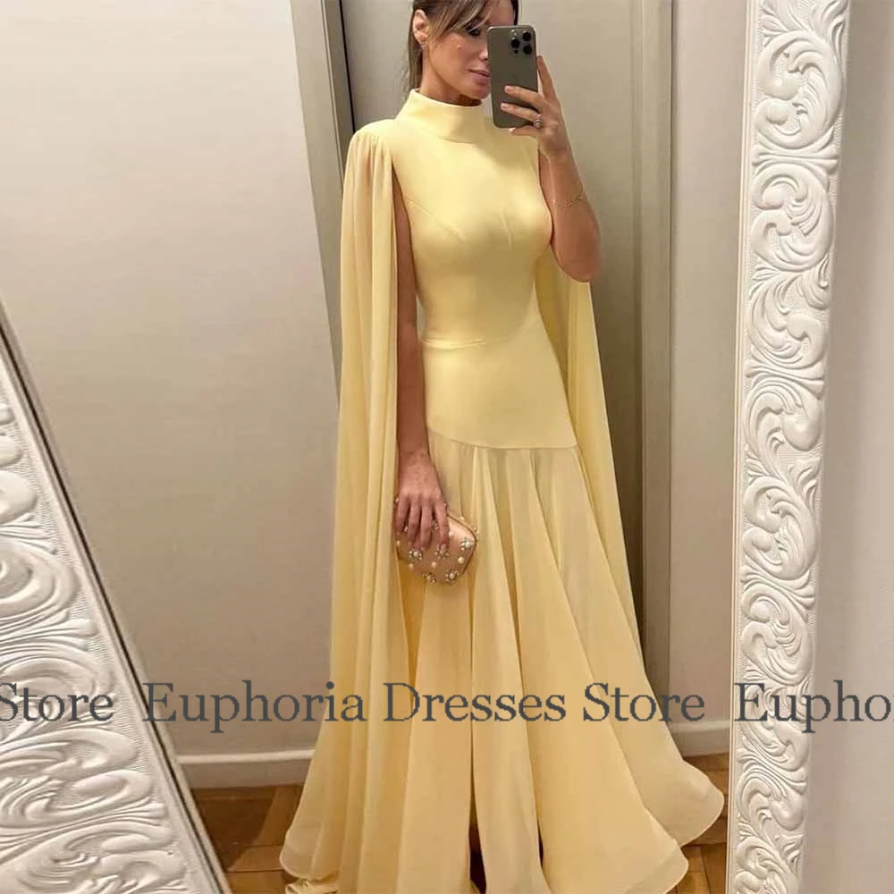 

Modern Woman Ceremony Dresses Chiffon Mermaid/Trumpet Prom Dress Pale Yellow High Collar Ruched Batwing Sleeve Evening Dresses