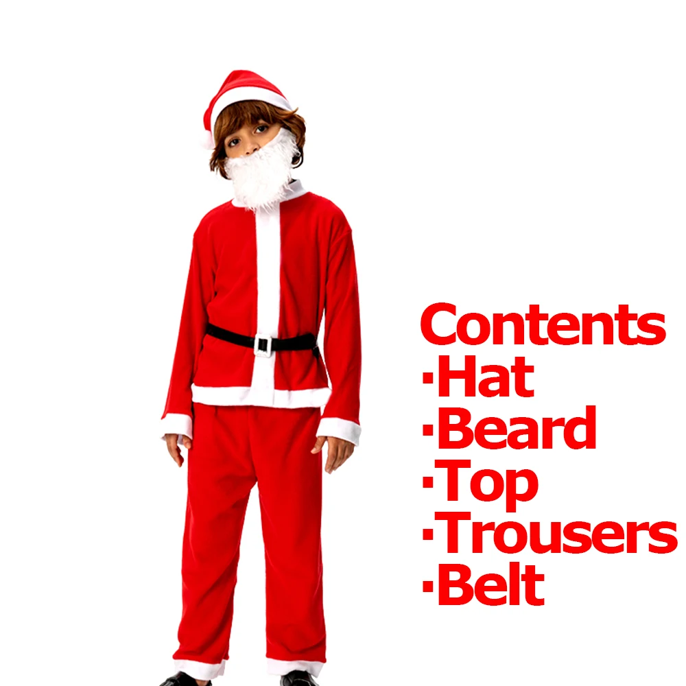 3-11 Years Boys Santa Claus Cosplay Clothes Children Christmas Party Costume with Hat Beard Belt New Year Eve Dress Up Outfits