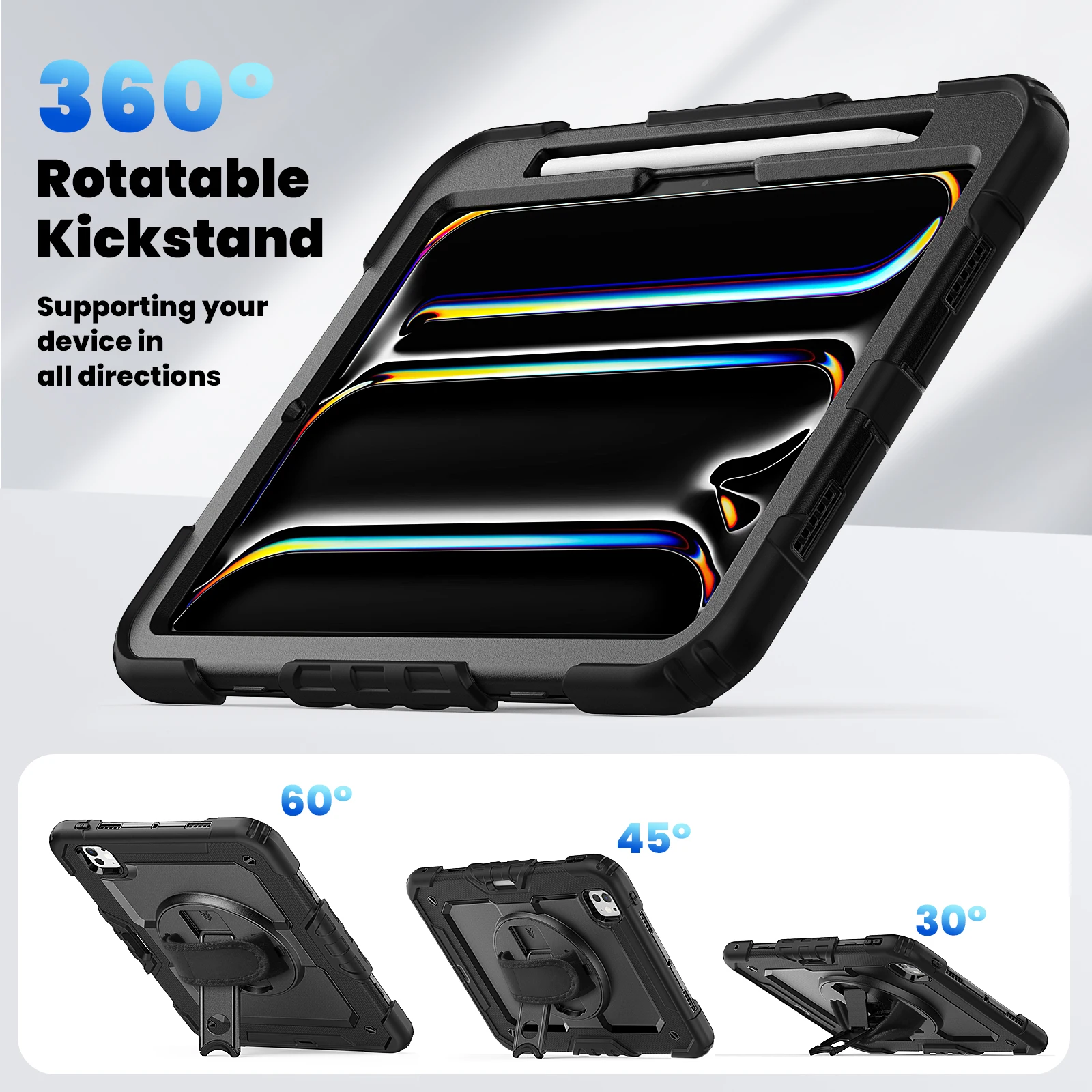 for iPad Pro11 M4 A2836 2024 , Military Grade Shockproof Protector Silicone Cover Pencil Holder+Handle Shoulder Strap