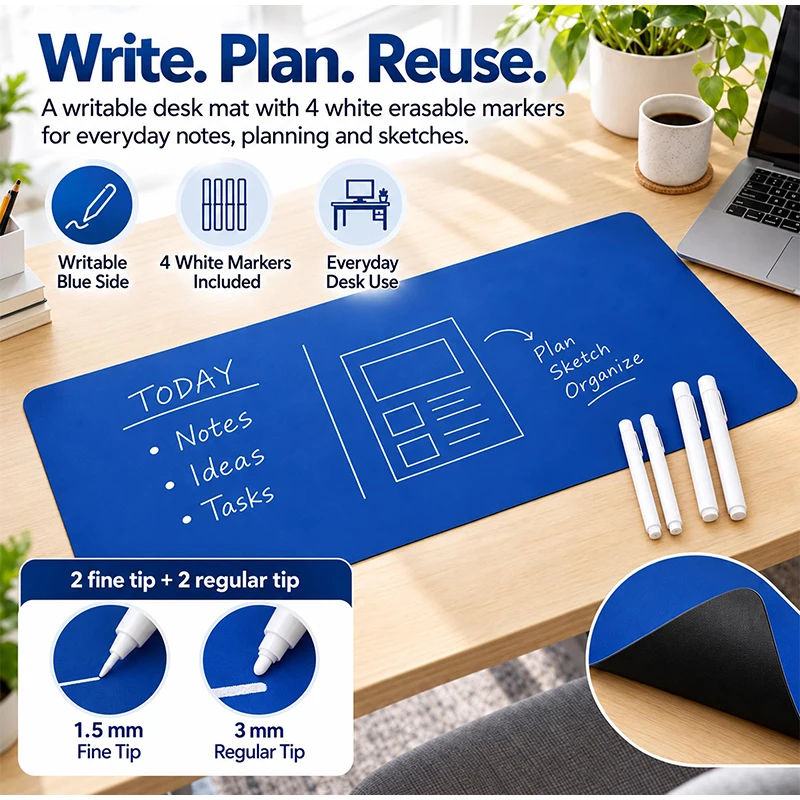 Double Sided Desk Mat Reusable Erasable Writing Pad Portable Rounded Corners PU Leather Drawing Doodle Mat for Home Office