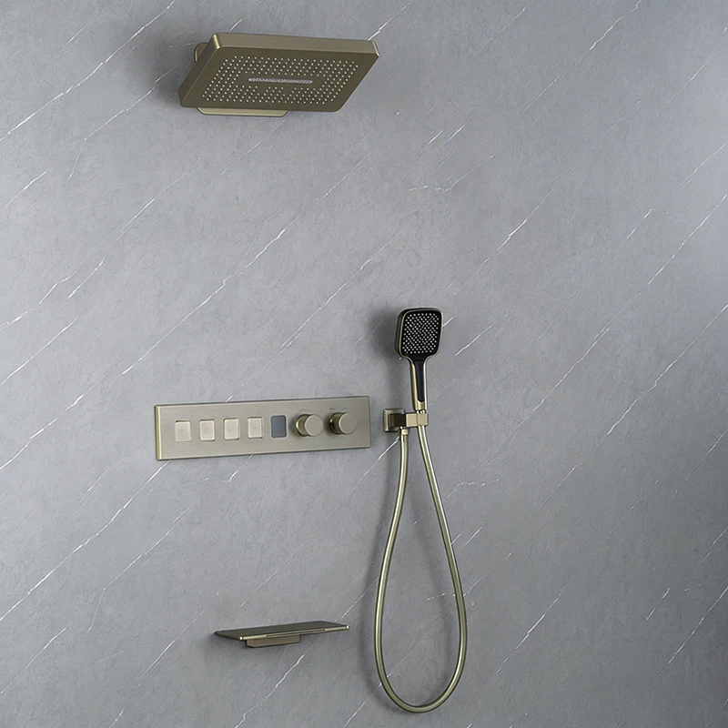 Constant Temperature 4-Function Shower Set with LED Intelligent Digital Display, Rain /Waterfall Shower Head, Side Storage Rack