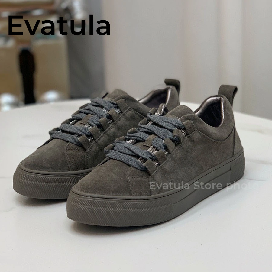 2023 autunno punta tonda in pelle scamosciata di mucca stringate scarpe con plateau piatto per le donne Sneakers con perline a corda scarpe da