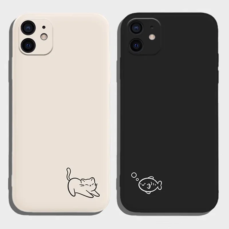 Funny Cat Fish Couple Paired Phone Case For iPhone 15 14 13 11 12 16 Pro XS Max Mini XR X SE Plus Flower Lovers Cover Fundas