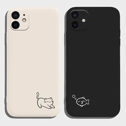 Funny Cat Fish Couple Paired Phone Case For iPhone 17 15 14 13 11 12 16 Pro Max Mini Plus Air Flower Lovers Soft Cover Fundas