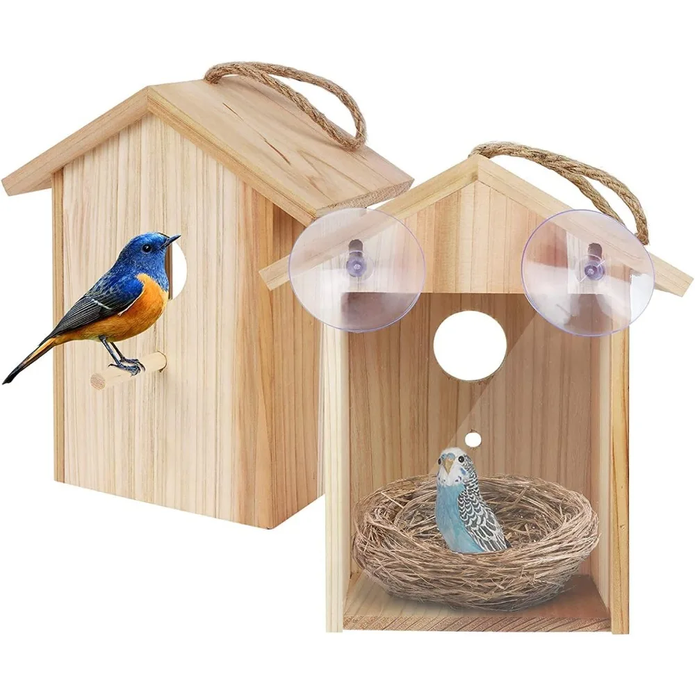 

Window Bird House for Outside with Strong Suction Cup and Lanyard - See Through Upgraded Wooden Birdhouse Outdoors,Bird Nest