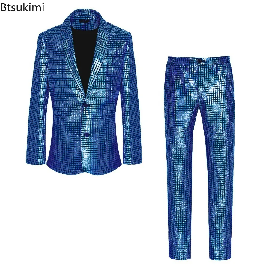 2024Men\'s Stage Prom Suits Sets Gold Silver Rainbow Plaid Sequin Pants Sets Men Festival Christmas Dance Party Costume Homme 4XL