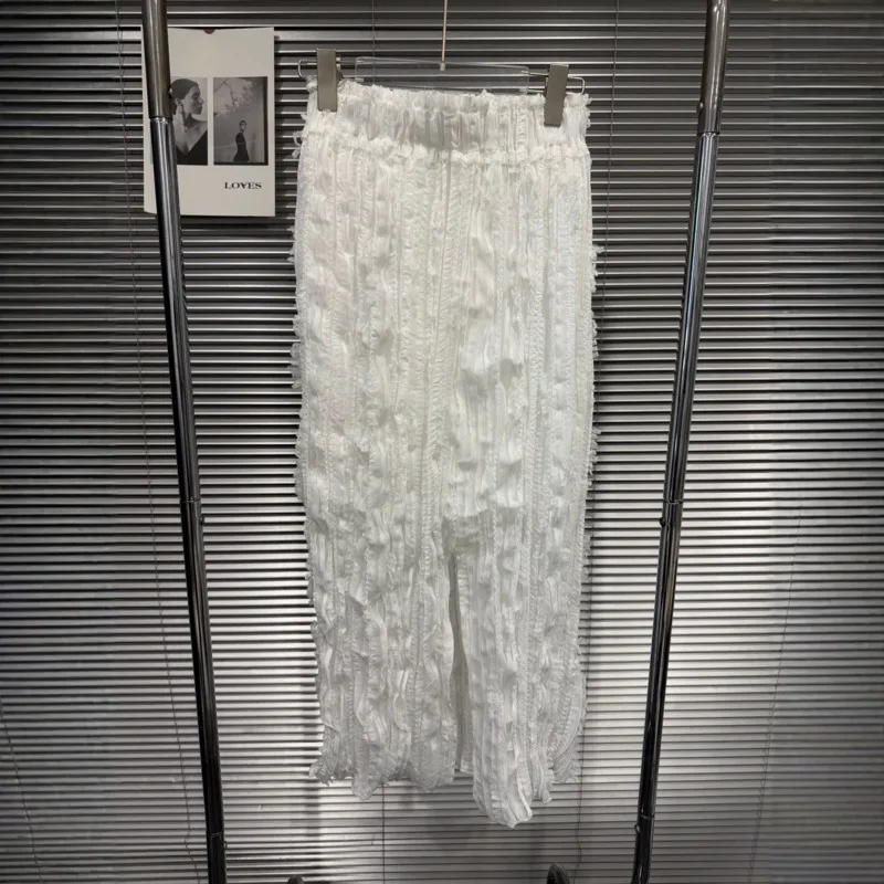 HKSH Women Long Skirt White Textured Pleated Draped Elegant Slimming Elastic Waist A-line Ins Split Skirts Spring Summer HK24870