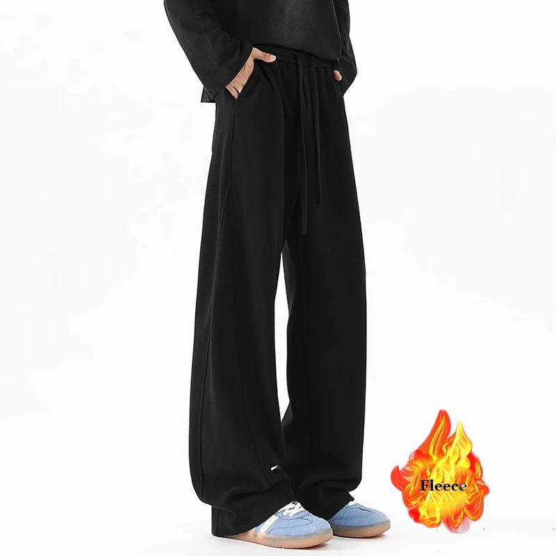 New Men's Sweatpants Casual Fleece Pant American Style Autumn Winter Drawstring Solid Color Straight Trouser Outdoor Sports Pant