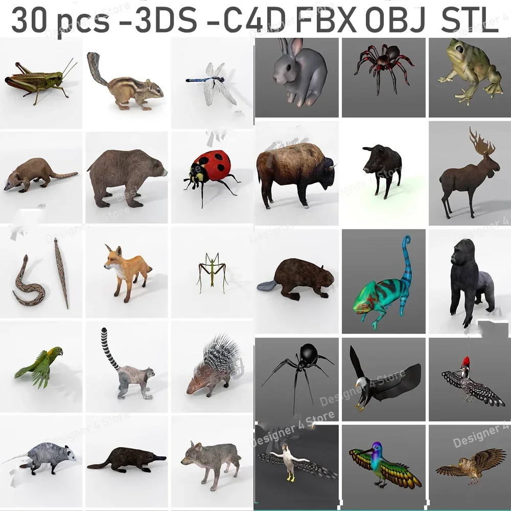 30PSC 3DS Owady Zwierzę Niska Twarz C4D Model Orzeł Kameleon Łoś Mysz Świnia Porcupine Niedźwiedź Królik Lis Ważka FBX / OBJ / STL C4D