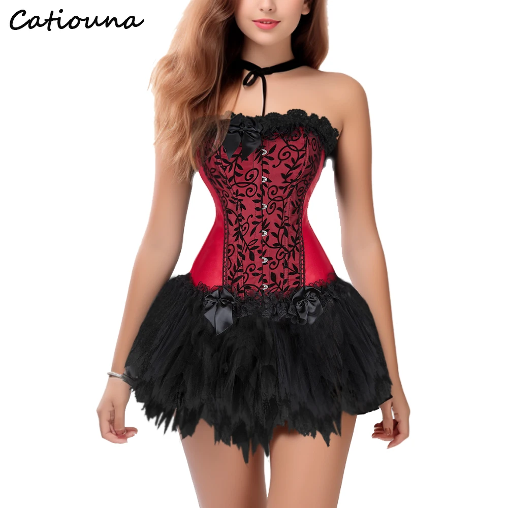 Sexy Women\'s Vintage Lingerie Corset Dress Burlesque Overbust and Lace Mini Skirt Showgirl Clubwear Corset Dress Skirt Plus Size