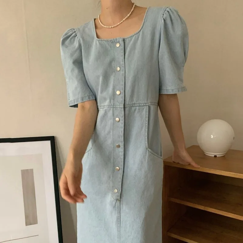 Chic Vintage Slim Fit Square Collar Single Button Loose Double ket Bubble Sve Denim Dr Women's Summer High Waist Kor...