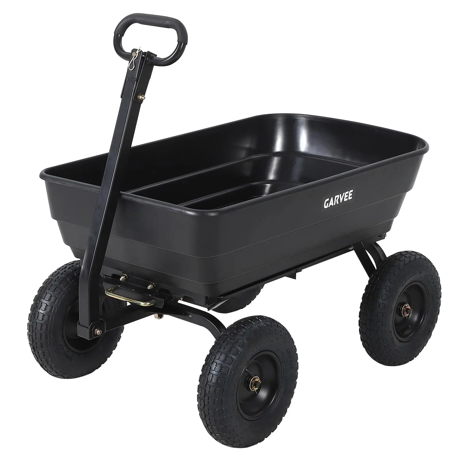 1200 lb Heavy-Duty Poly Garden Dump Cart, 4-Wheel Tow-Behind Yard Wagon - Pneumatic Tires, Quick-Release Dump - Black, Metal Hub + Rubber Pneumatic Tires