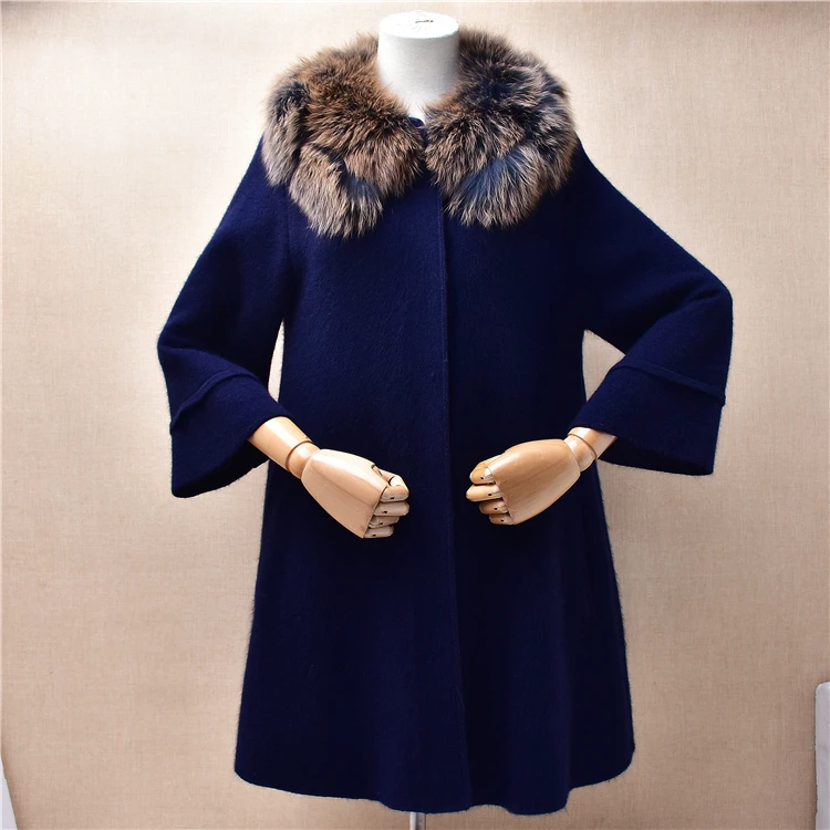 

Female Women Autumn Winter Clothing Hairy Angora Rabbit Hair Knitted Fox Fur Collar Three Quarter Sleeves Loose Cardigans Jacket