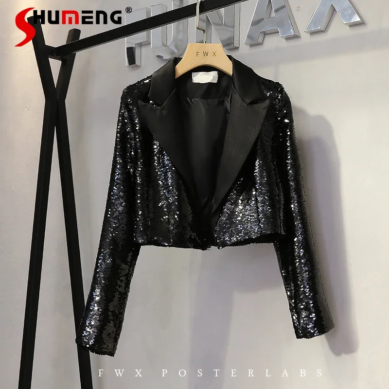 

2023 Spring New Fashion Female All-Matching Glitter Cropped Suit Jacket Women's Long Sleeve Sequins Short Suit Women Blazer Coat