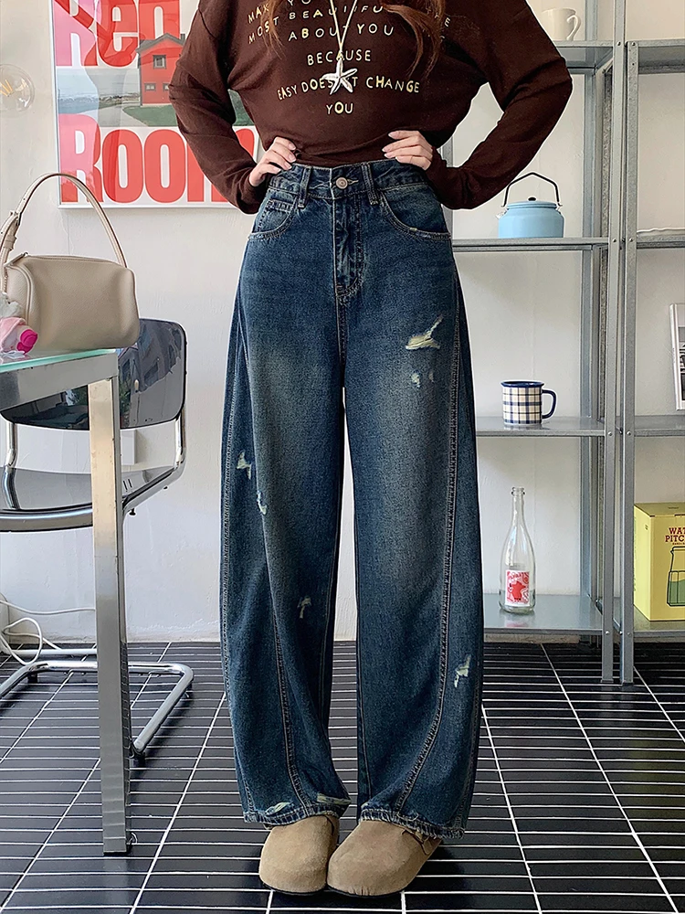 Y2k 2000s rasgado jeans feminino vintage streetwear perna larga calças jeans harajuku grunge cintura alta baggy casual calças retas