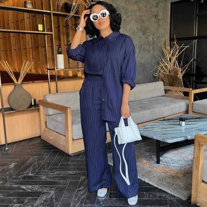 Elegant African Women Striped 2 Piece Outfit Lapel Long Sleeve Button Shirt Wide Leg Pants Set Casual Loose Daily Matching Suit