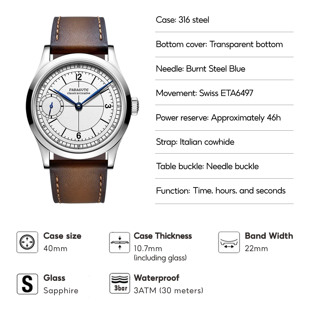 FARASUTE الفاخرة 40 مللي متر دليل ساعات آلية الرجال السويسرية ETA6497 حركة الأعمال 3Bar مقاوم للماء الياقوت ساعة اليد Reloj #6