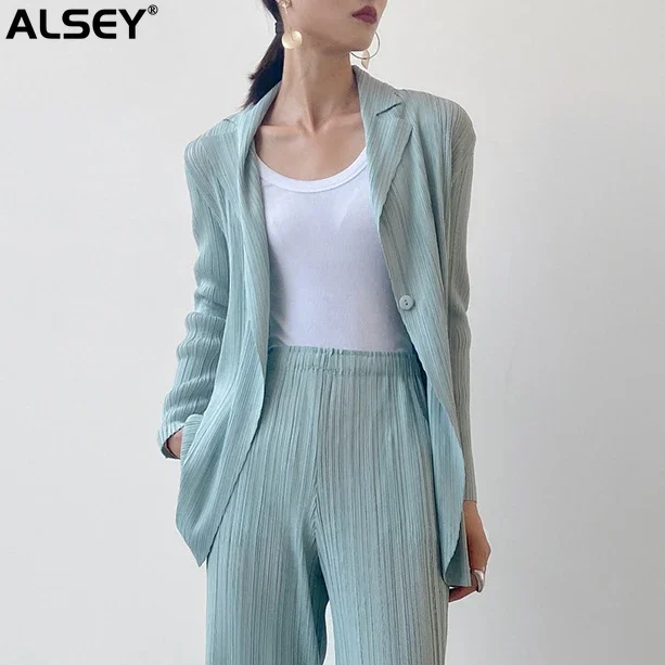 ALSEY Women\'s Pleated Jacket Fashion Solid Color Lapel Long Sleeve Single Button Casual Slim Suit Loose Versatile 2024New Summer