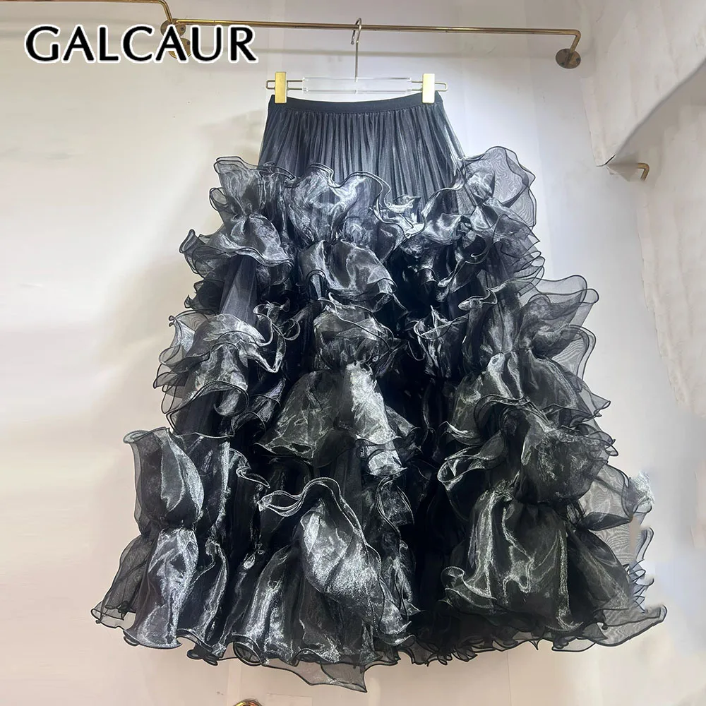 

GALCAUR Solid Spliced Ruffles Female Basics Skirt High Waist Loose Design Irregular Women's Long Skirts Autumn Fashion Style New