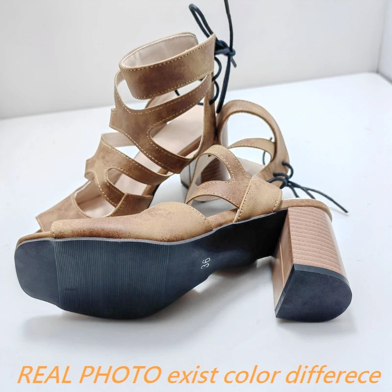 ORCHA LISA Fashion Female Sandals Square Toe Block High Heels 7.5cm Ankle Strap Lace Plus Size 49 50 Sexy Daily Women Shoes