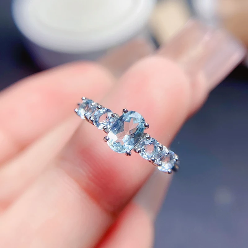 Anéis Aquamarine Naturais para Mulheres, Jóias de Prata 925, Pedras de Luxo Banhado a Ouro 18K, Itens de Frete Grátis