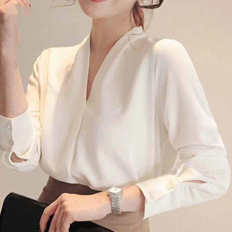 Spring Korean Style  Long Sleeve Shirt New Fashion Elegant White Chiffon Blouse Office-lady Loose Socialite Womens Tops 9382 50