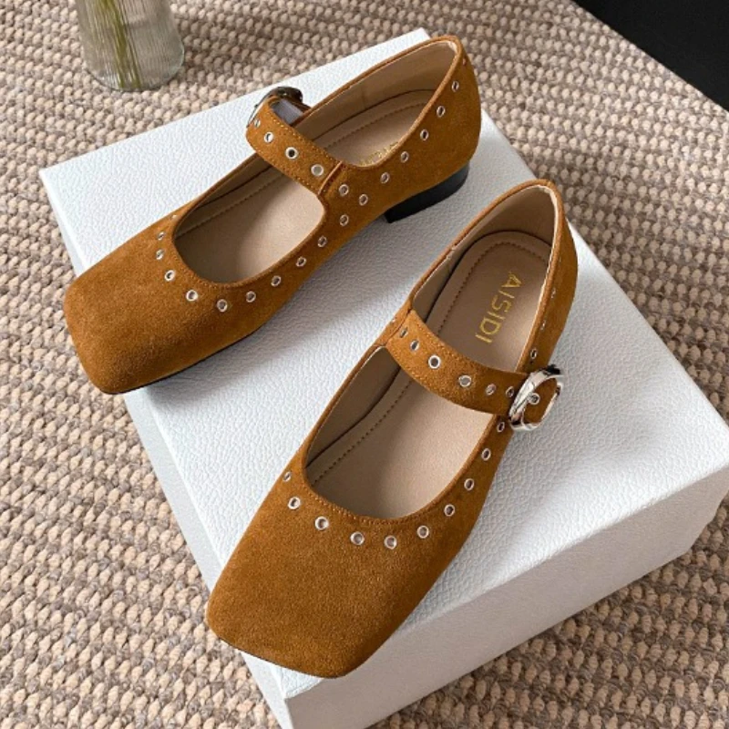 Retro Rivet Low Heel Mary Jane Shoes Women Autumn New Leopard Square Toe Ballet Shoes Fashion Buckle Design Casual Loafers