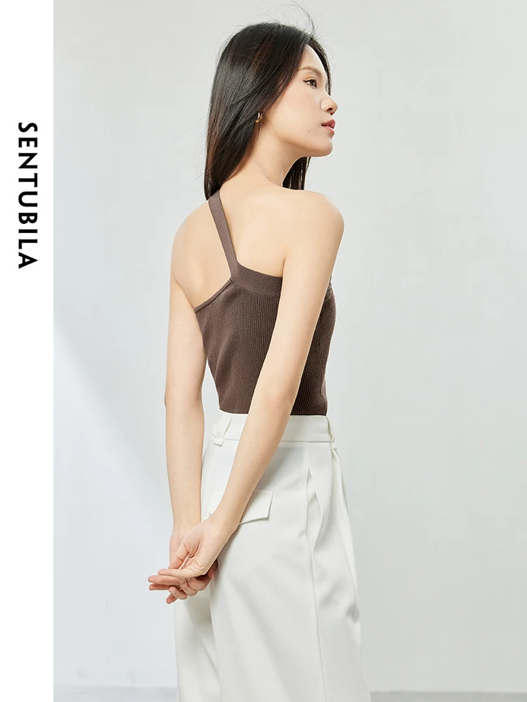 SENTUBILA Summer Irregular Skew Collar Backless Rib Tank Top 2024 Solid Pullovers Fashion Off Shoulder Camisole Women W41I53846