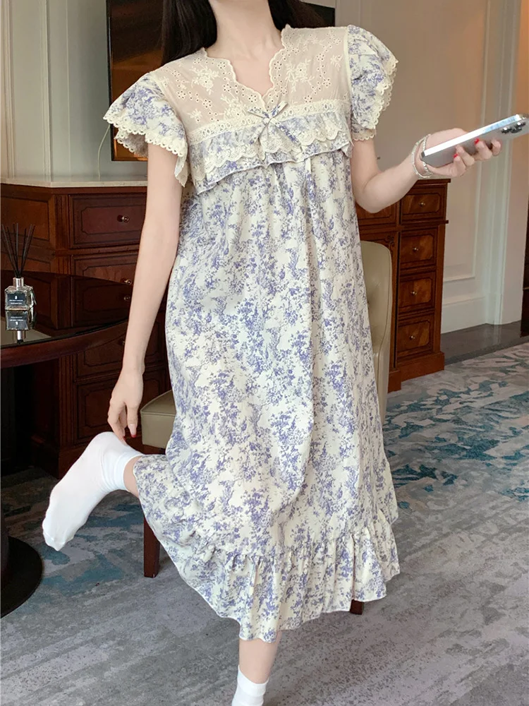 Soft New Lace 100%cotton Sweet Princess Short Sleeve Pajama Set Women Ink and Wash Court style Fashionable Loose NightDress Ins