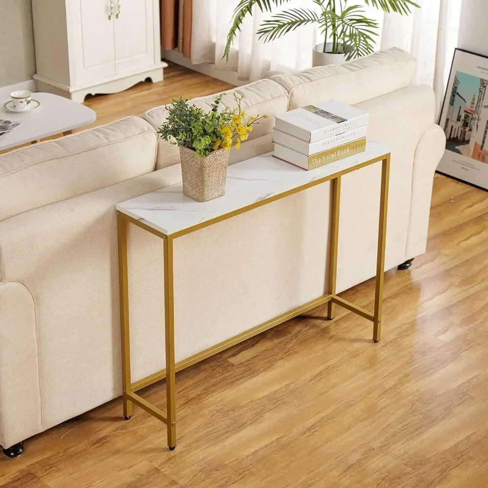 Console Table for Entryway, Faux Marble MDF Sofa Table with Golden Frame (Single Layer, White Marble)