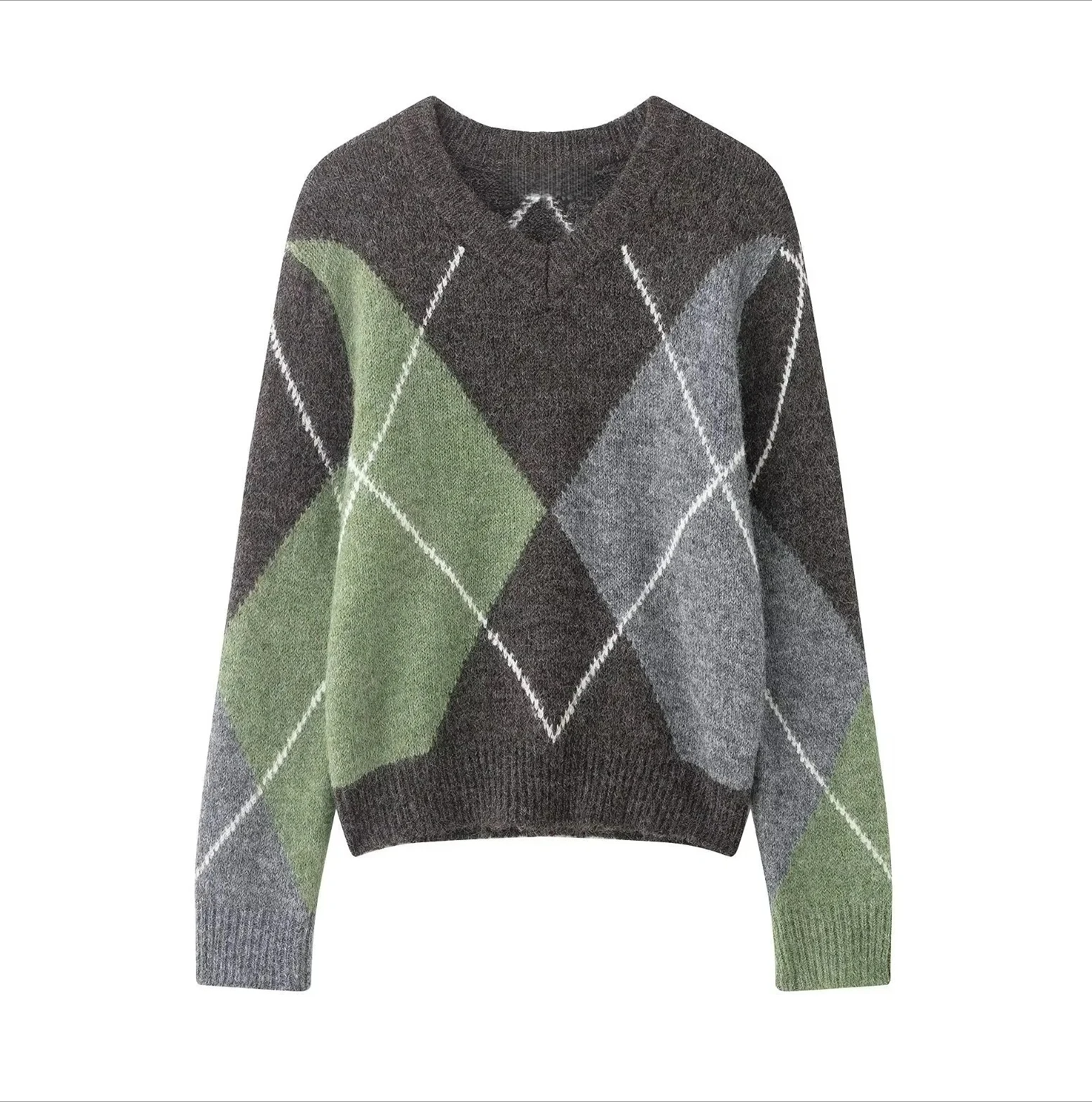 

Новый женский повседневный модный милый ленивый стиль с цветными блоками и длинным рукавом с v-образным вырезом и ромбовидным узором вязаный свитер