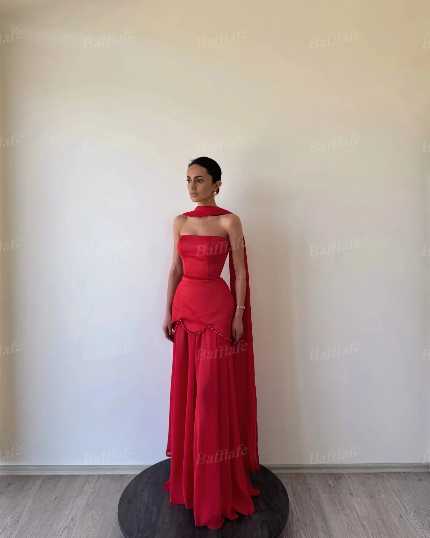 Bafftafe A Line Satin Chiffon Prom Dresses Customized Women Formal Occasion Gown Pearls Strapless Arabia Evening Party Dress image 5