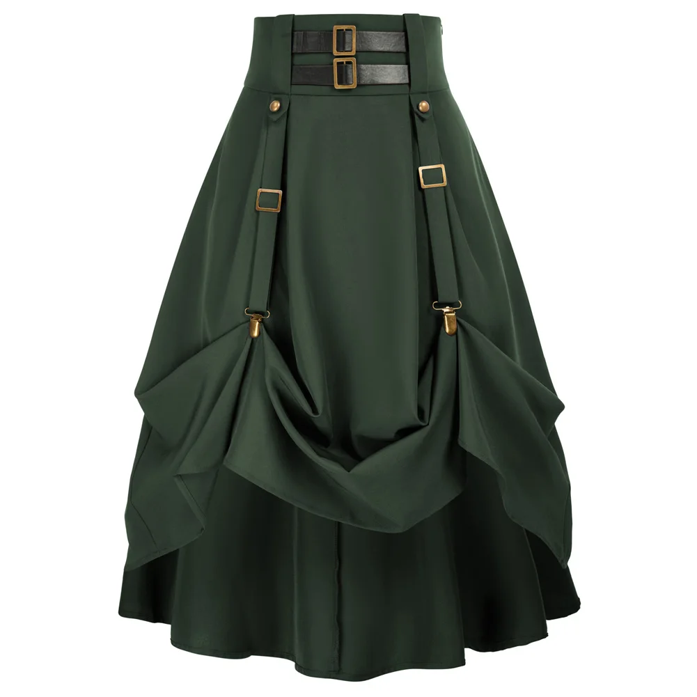 Fashion Women Goth Steampunk Skirt High Waist Stretch Midi A-Line Skirt With Pockets Renaissance Length Adjustable Punk Skirts