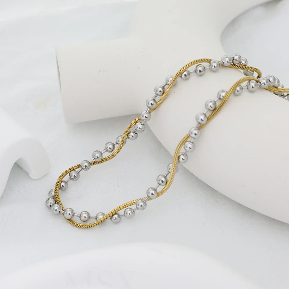 Fashion Two-tone Winding Bead Necklaces For Women Metal Stainless Steel Double Layer Snake Chain Necklace Summer Jewelry Gift