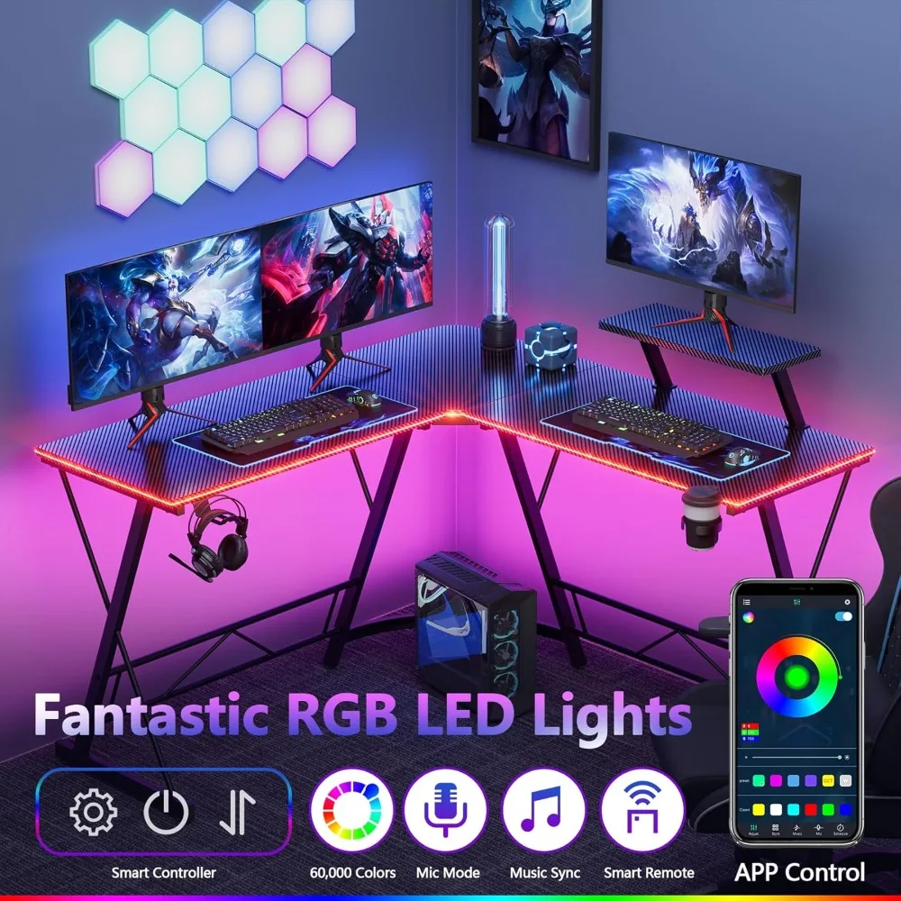 مكتب ألعاب Mr IRONSTONE مع أضواء LED، زاوية مكتب على شكل حرف L مع حامل أكواب وخطاف سماعة الرأس، مكتب كمبيوتر مكاتب مكتبية منزلية