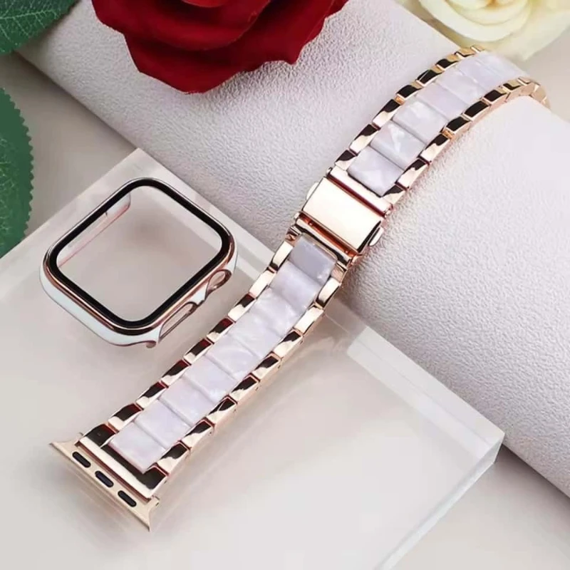 Strap Protective Case For Apple Watch Band 40mm 41mm 44mm 45mm Two Color Metal Resin Bracelet iWatch Series 9 8 7 6 5 4 SE