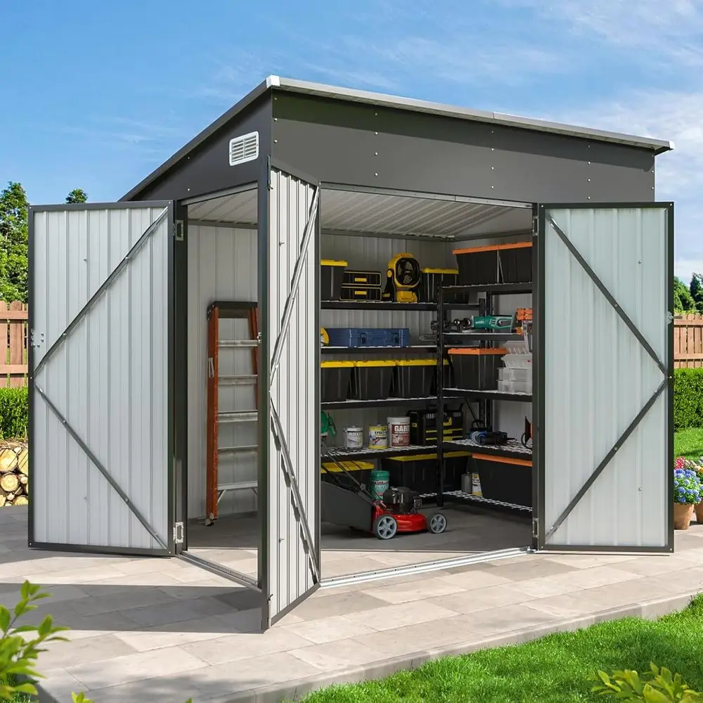 

7.5' x 4' Outdoor Triple Door Metal Storage Shed with Sloping Roof for Tools, Bicycles, and Garden Equipment - Black