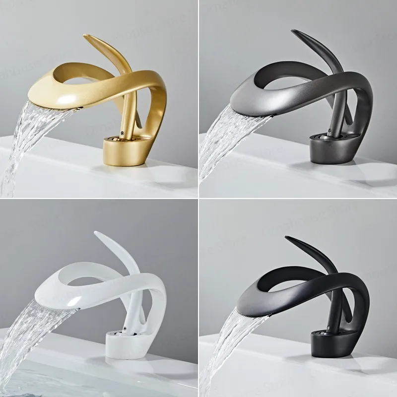 

Waterfall Style Sink Faucet Creative and Personalized Brass Hot and Cold Faucet Bathroom Counter Basin Single Handle Faucet