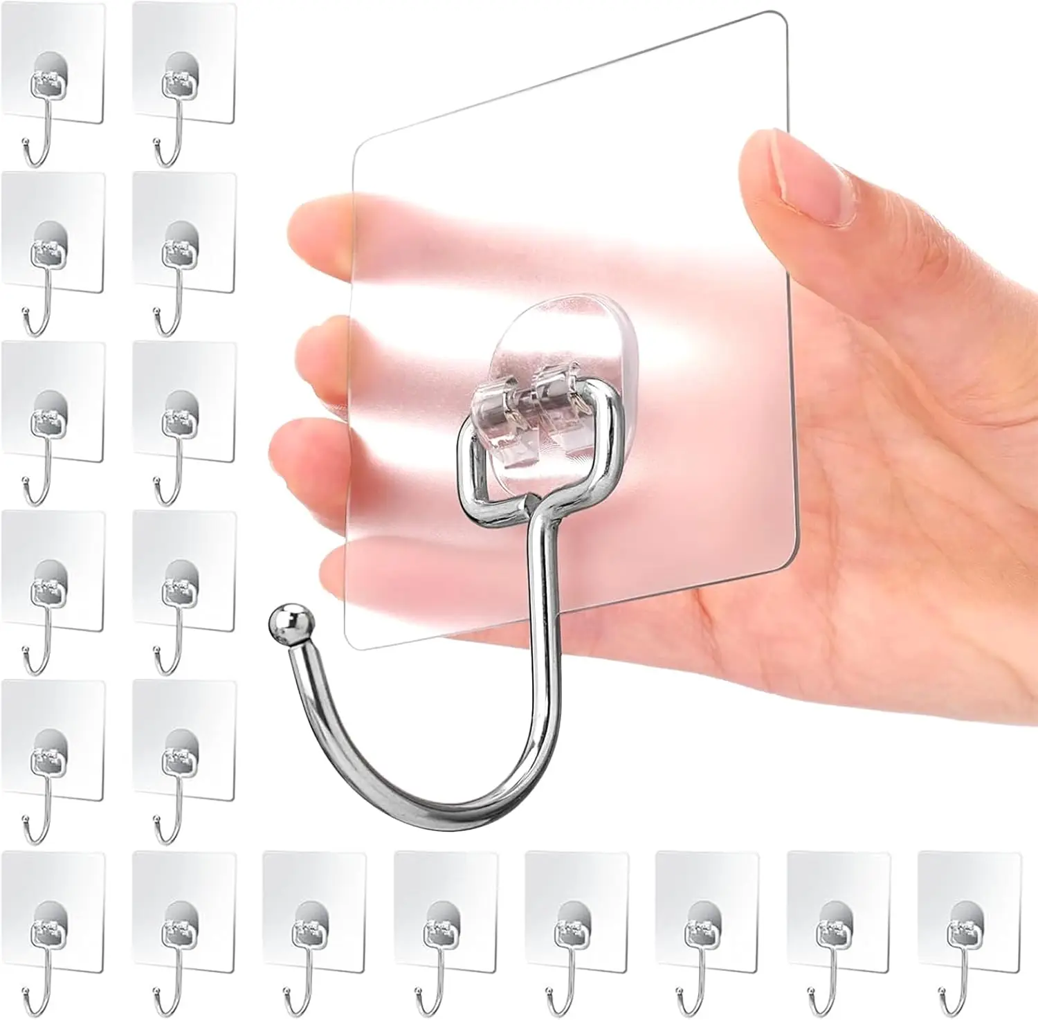

Heavy-Duty Self-Adhesive Hooks, 44lb Max, Clear & Removable, 18 Pack